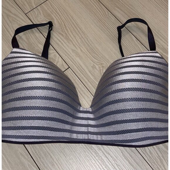 Victorias Secret No Wire Bra Wire Free Lined Striped Womens 34D Gray Black - Picture 3 of 6